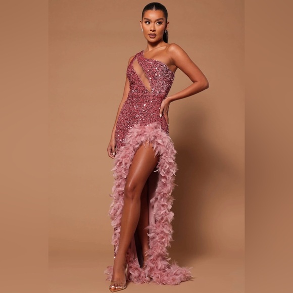Pink Sequin Feather Prom Homecoming Ball Gown Formal Wear Dress Maxi New - Picture 1 of 5